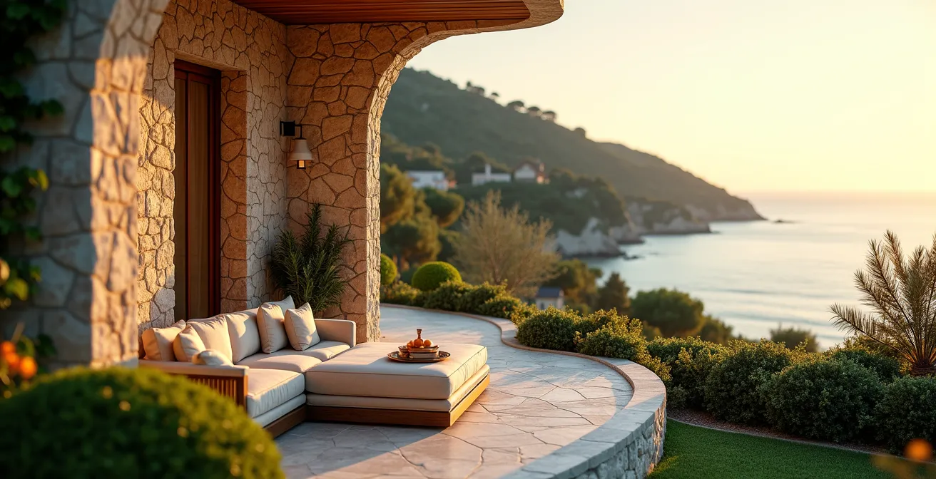 Elegant luxury villa on the Mediterranean coastline at sunset