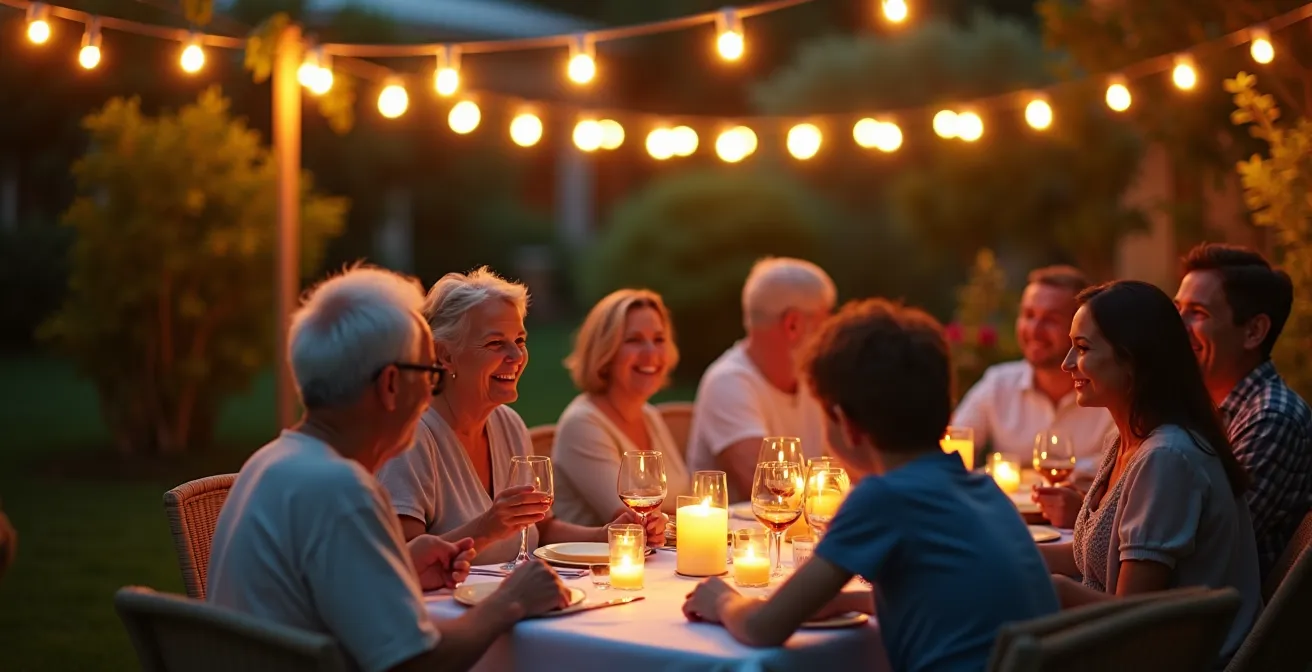 Family enjoying an outdoor celebration in the garden of a luxury villa on Île de Ré
