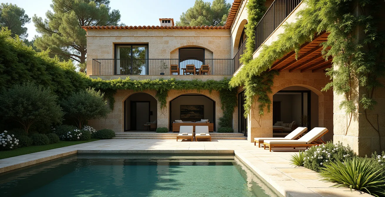 Villa de luxe intimiste à Saint-Tropez entourée de végétation dense offrant une impression de paix et confidentialité