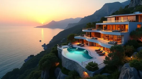 Panoramic view of a luxury villa overlooking the Mediterranean coastline in Cannes