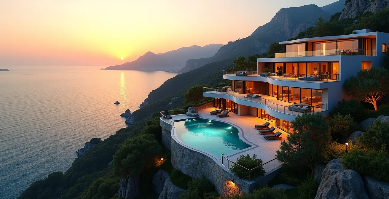 Panoramic view of a luxury villa overlooking the Mediterranean coastline in Cannes