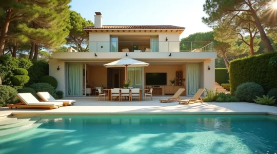 Luxurious villa on Île de Ré surrounded by lush gardens with a private pool and outdoor dining area in a serene natural setting