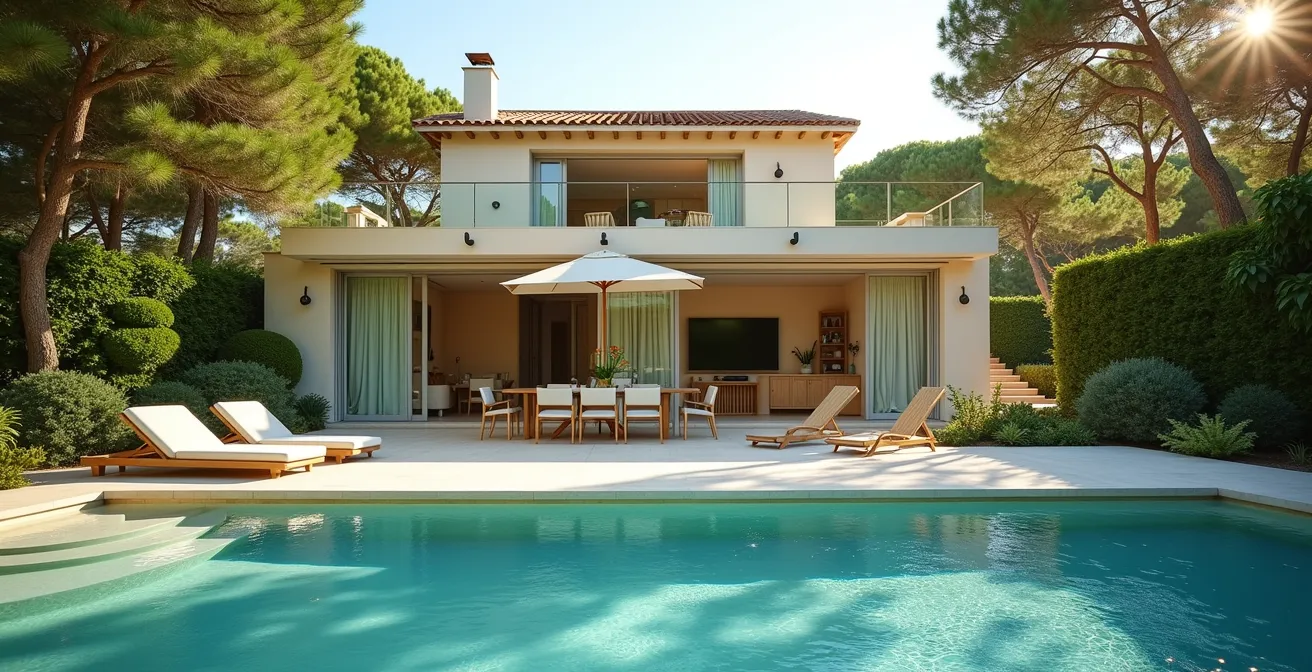 Luxurious villa on Île de Ré surrounded by lush gardens with a private pool and outdoor dining area in a serene natural setting
