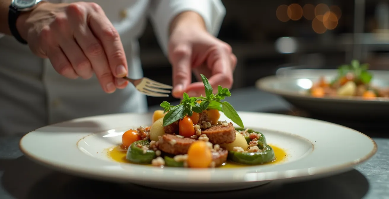 Close-up of a private chef plating a gourmet meal in a modern villa kitchen