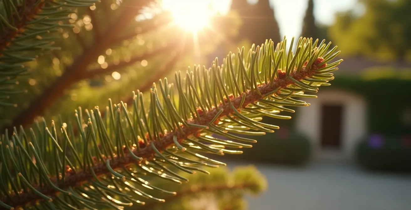 Close-up of pine branches and Mediterranean sunlight filtering through