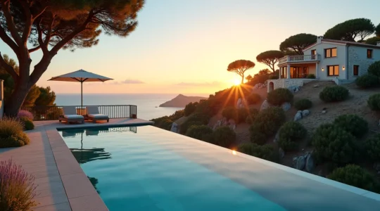 A luxurious villa overlooking the sea with Mediterranean gardens and sunset on the French Riviera