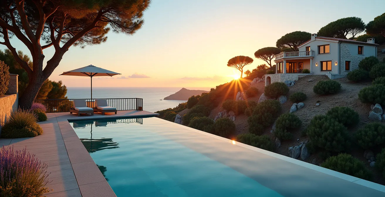 A luxurious villa overlooking the sea with Mediterranean gardens and sunset on the French Riviera