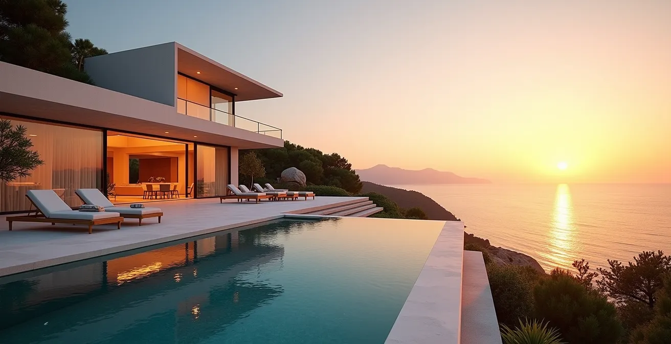 Vue panoramique d'une villa de luxe moderne à Saint-Tropez avec piscine à débordement et vue mer au coucher du soleil