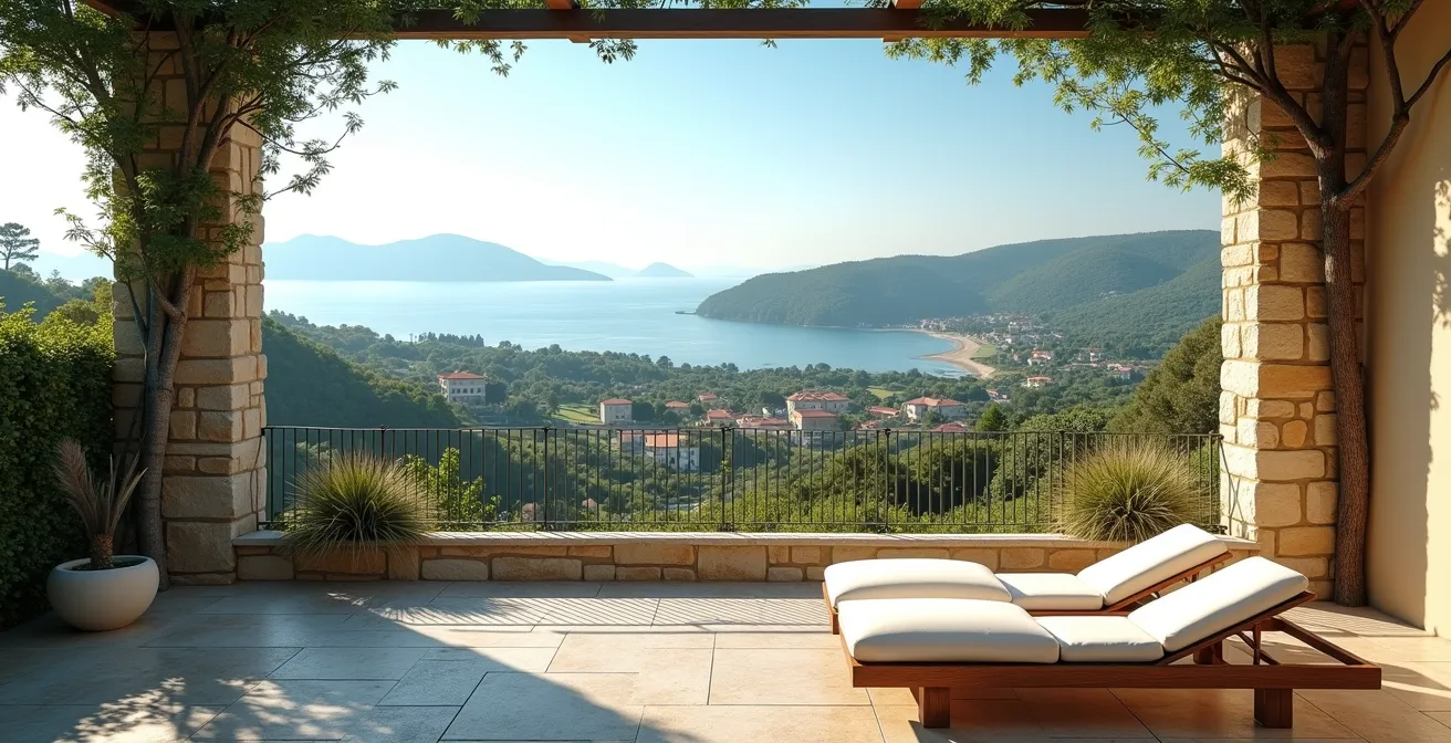 Vue spectaculaire depuis une villa de luxe surplombant la mer Méditerranée avec vignobles et village pittoresque en arrière-plan