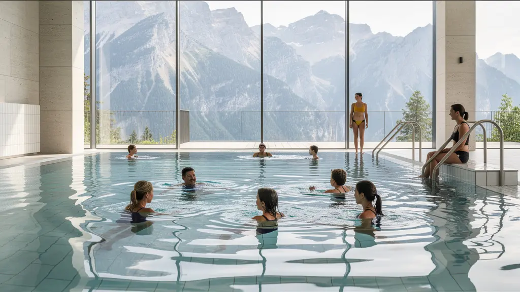 Aquamotion wellness centre pool area with swimmers and mountain views through glass walls
