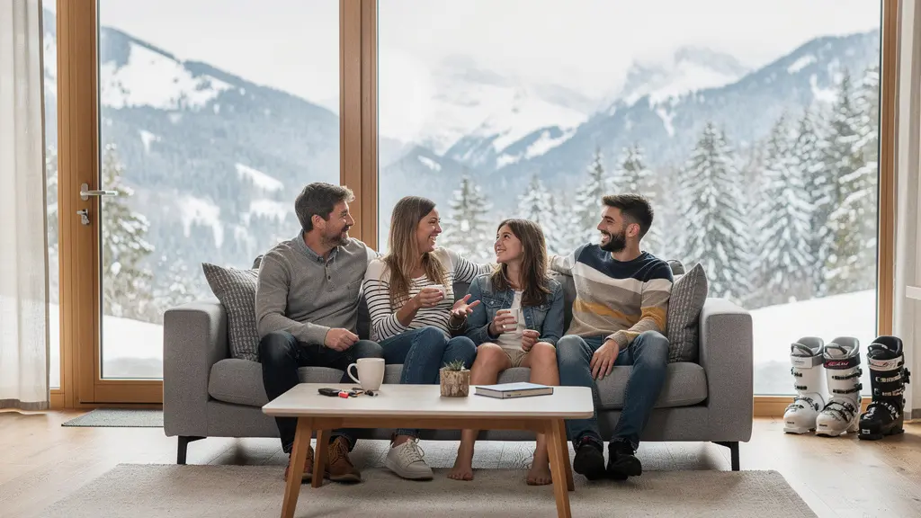 Family relaxing in open-plan Courchevel chalet living room with mountain views through windows