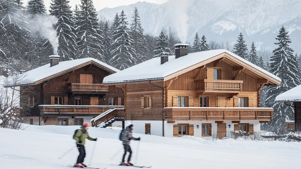 Exterior view of Courchevel wooden chalets with skiers passing on nearby slope