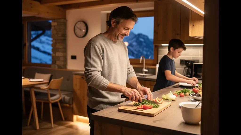 Self-catering kitchen scene in Courchevel apartment with family preparing evening meal