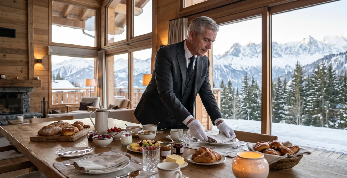 Butler preparing breakfast service at a wooden dining table in a luxury ski chalet with floor-to-ceiling windows showing snowy Alpine mountain views