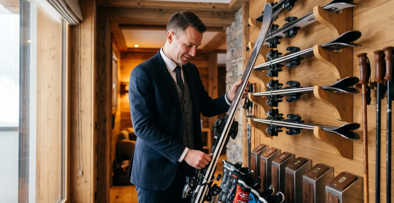Professional butler organizing ski equipment in a luxury Alpine chalet's bespoke ski room with wooden storage and heated boot warmers