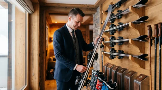 Professional butler organizing ski equipment in a luxury Alpine chalet's bespoke ski room with wooden storage and heated boot warmers