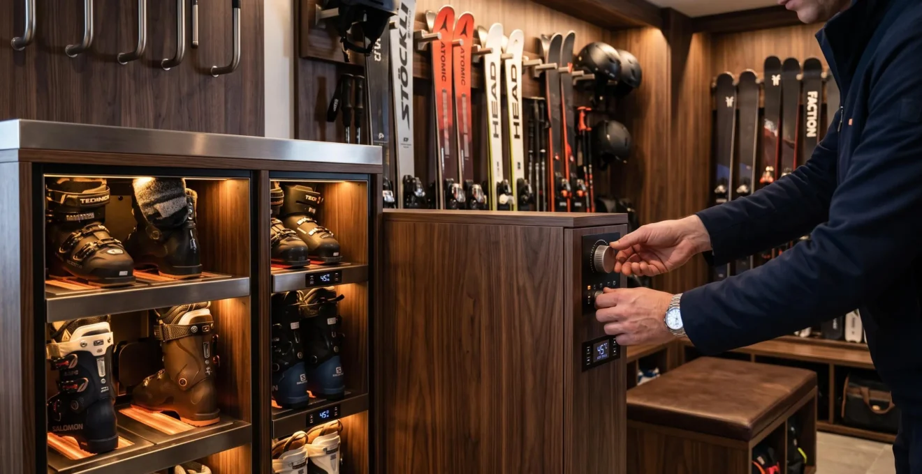 Staff member adjusting heated boot warmer controls in a luxury chalet's bespoke ski room with organized ski storage racks