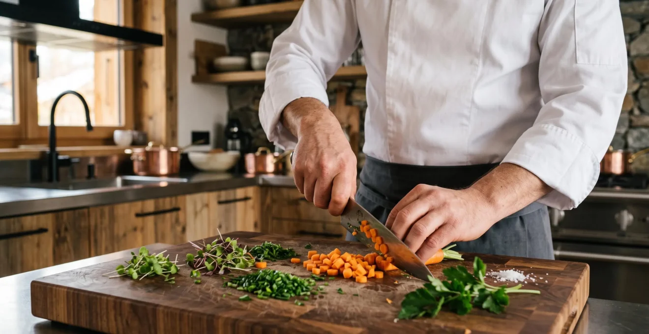 Private chef's hands preparing fresh ingredients on a wooden cutting board in a luxury ski chalet kitchen