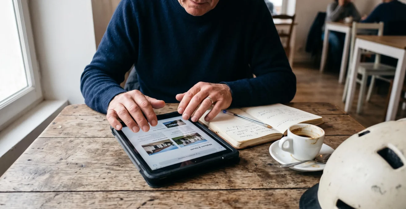 Hands compare a villa rental listing on a tablet at a wooden table.