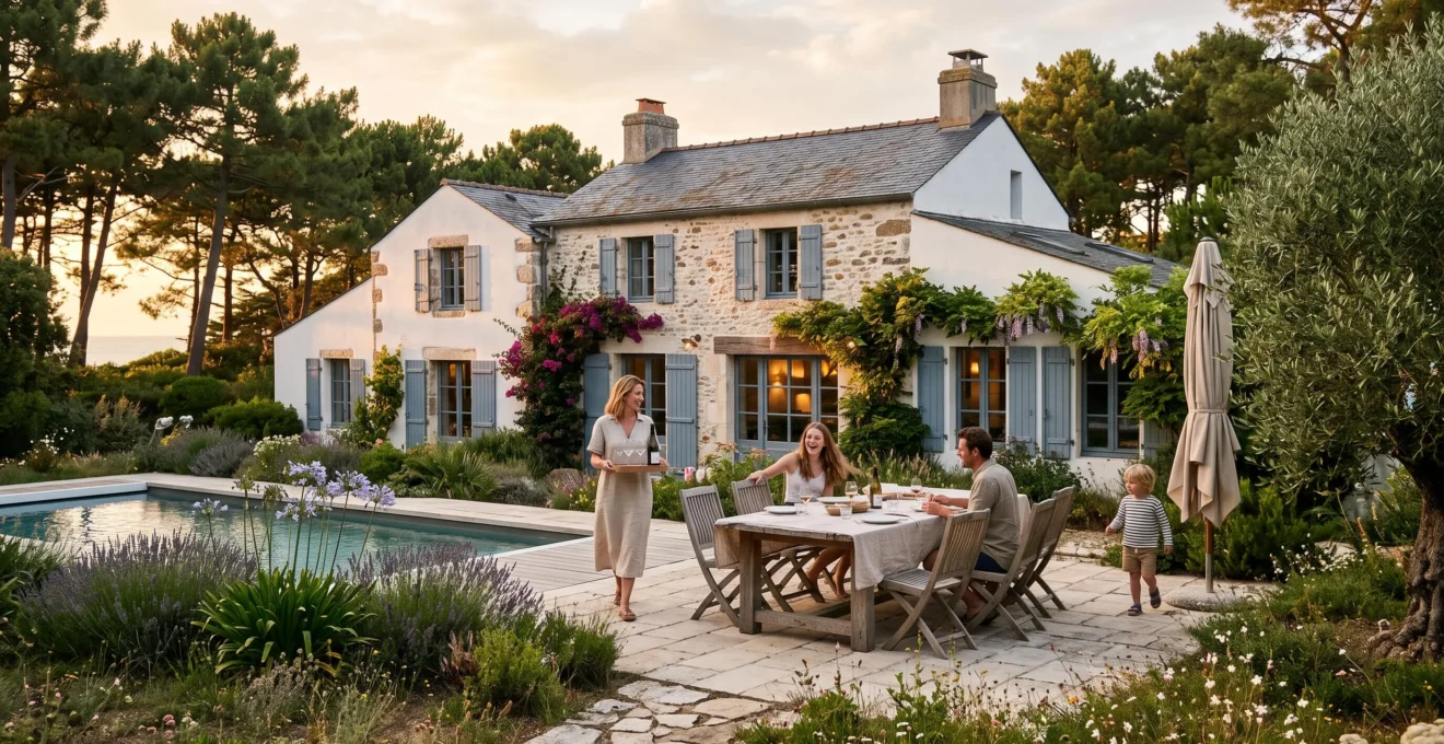 A family settles onto the terrace of a luxury stone villa at sunset.