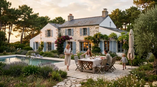A family settles onto the terrace of a luxury stone villa at sunset.