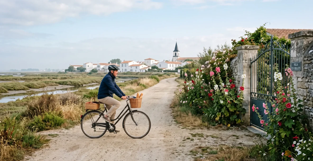 A man rides a bicycle along a salt-marsh path near a villa in the morning.