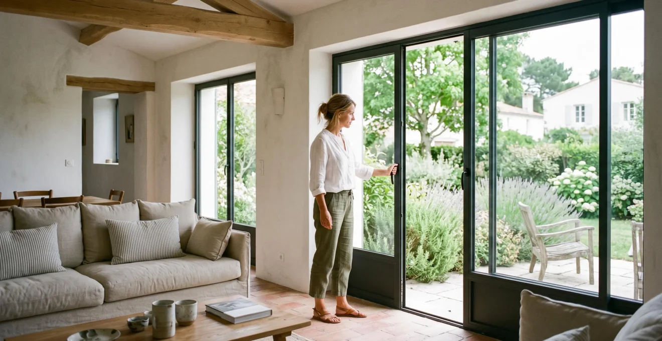 A woman opens glass doors from a bright villa living room to the garden.